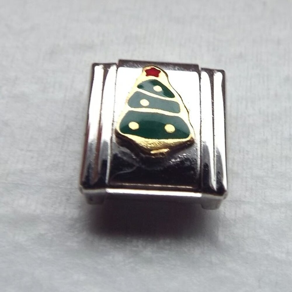 Enamel decorated holiday tree 9mm stainless steel Italian charm bracelet link